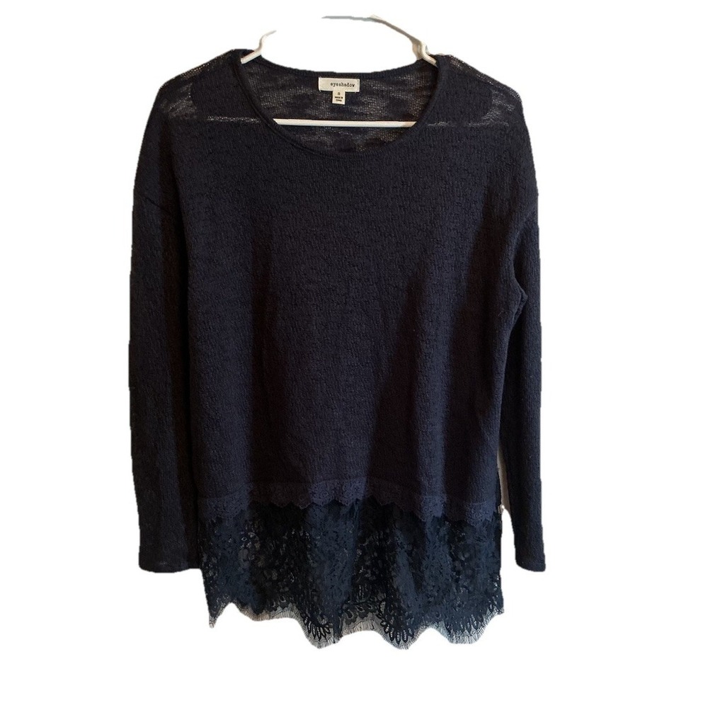 Eyeshadow Women's Knit Long Sleeve Lace‎ Trimmed Hem Sweater Navy Blue - Size S